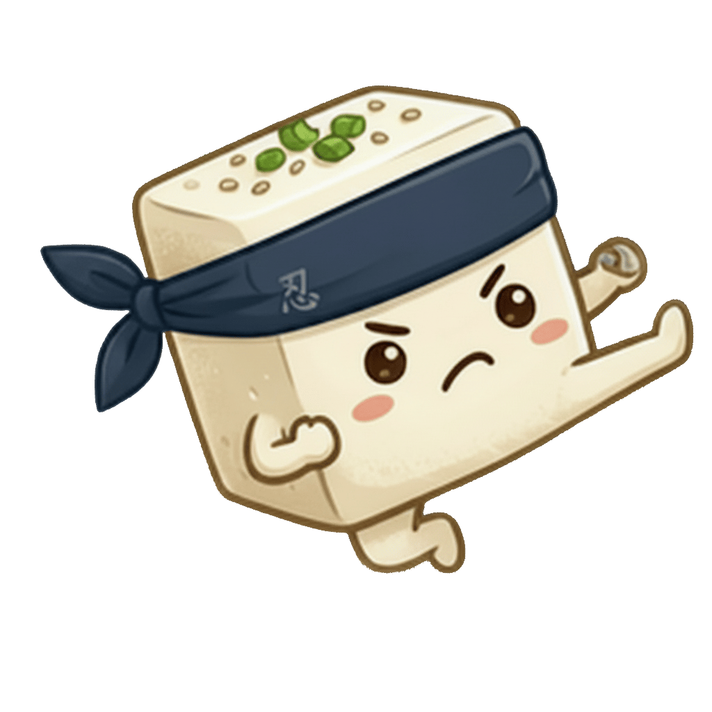 TOFU mascot — a ninja block of tofu mid-kick